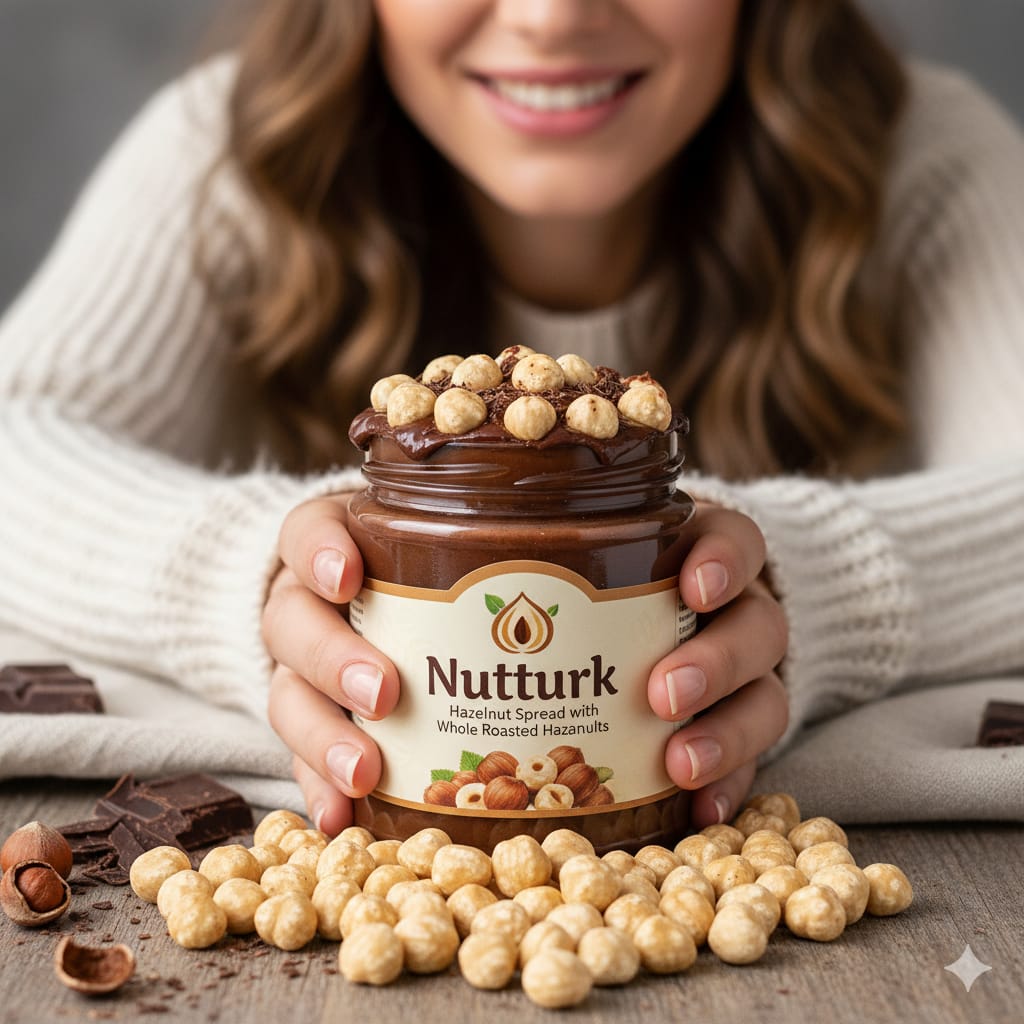 Nutturk premium hazelnut spread jar with whole roasted hazelnuts